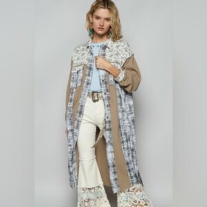 POL “ Wildflower Road Duster “ Long Button Down Coat | Olive Multi